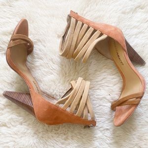 NWOB Rebecca Minkoff Suede Heeled Sandals Ankle Straps & Zip Back - Size 6